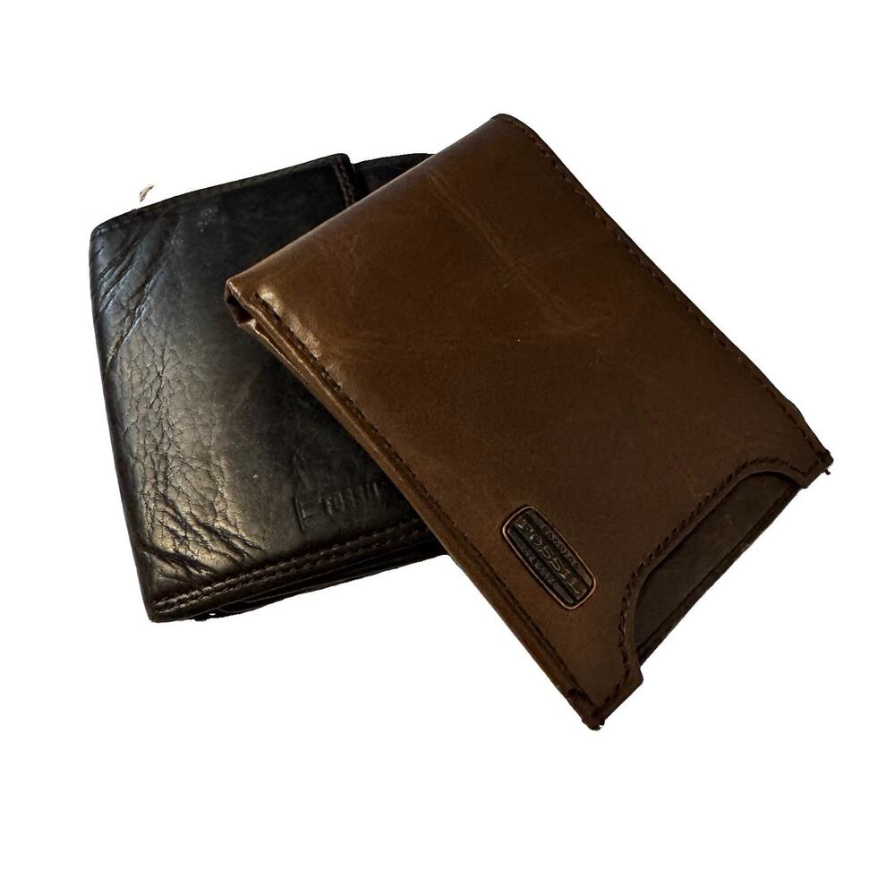 Fossil Men’s Leather Wallet Lot Brown Bi-Fold Black Tri-fold Logo Solid